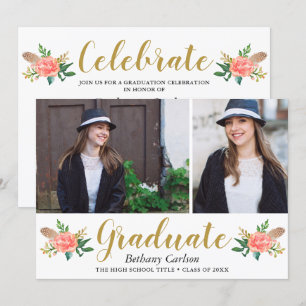 Chic Boho Feathers Floral 2 Foto Graduation Party Einladung