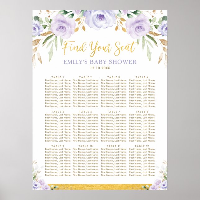 Chic Boho Lila Floral Girl Babydusche Sitzplatz Poster (Vorne)
