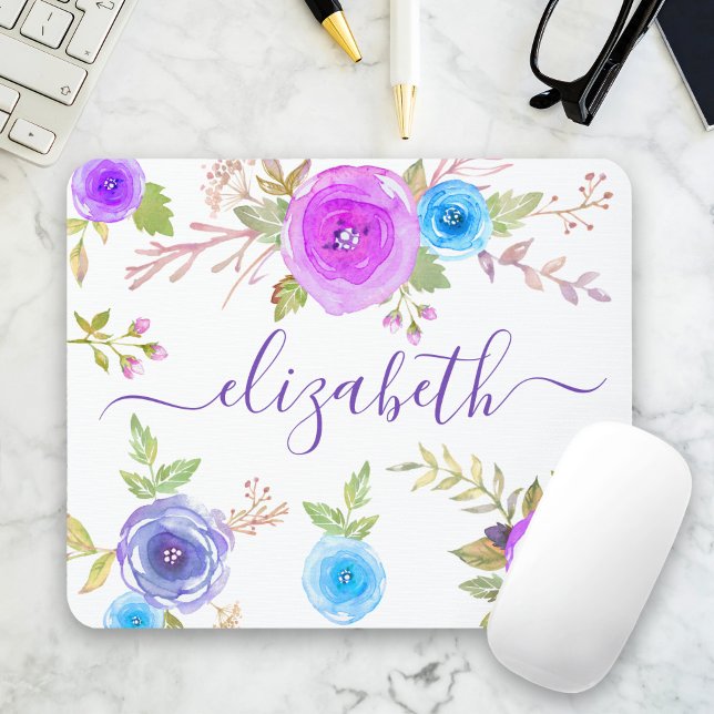 Chic boho lila florale Aquarellschrift Mousepad (Von Creator hochgeladen)