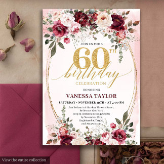 Chic Boho Maroon Gold Floral 60th Birthday Invite Einladung