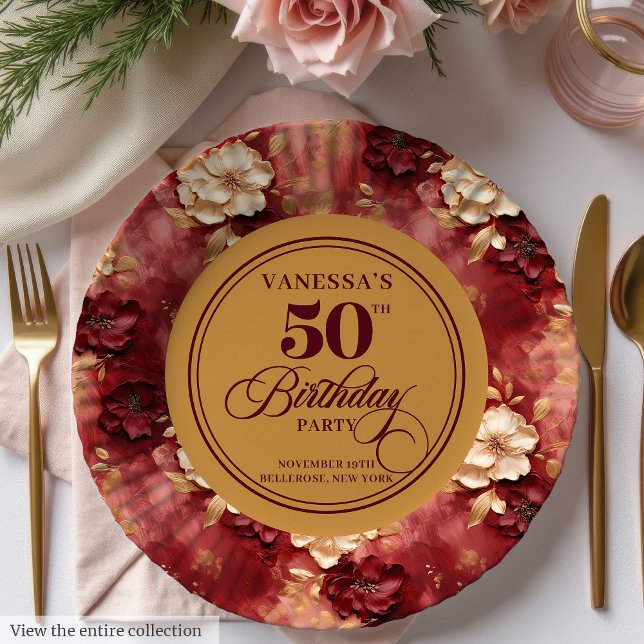 Chic Boho Marsala Blush Gold 50. Geburtstag Pappteller (Chic Boho Marsala Blush Gold 50th Birthday Paper Plates)