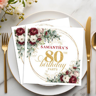 Chic Boho Marsala Floral Gold 80. Geburtstag Serviette
