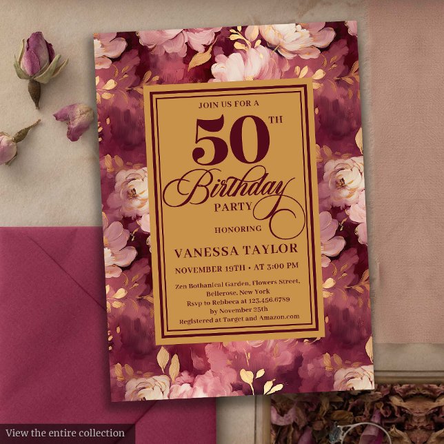 Chic Boho Marsala Gold Blume 50. Geburtstag Einladung (Chic Boho Marsala Gold Flowers 50th Birthday Invitation)