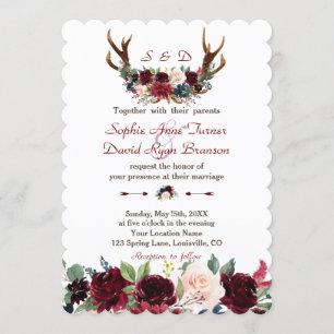 Chic Boho Merlot Navy Blue Floral Antlers Wedding Einladung