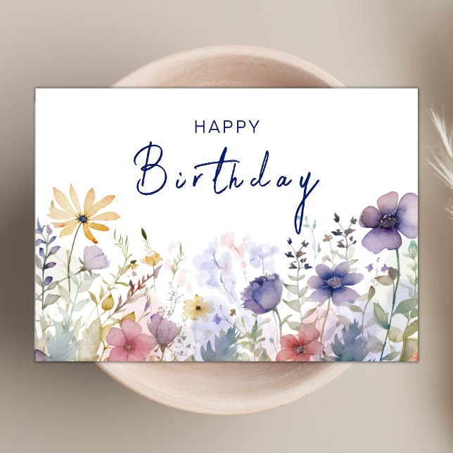 Chic Boho Navy Wildblume Thema Happy Birthday Karte (Von Creator hochgeladen)