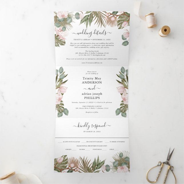 Chic Boho Orchids & Tropcal Blätter Hochzeit Dreifach Gefaltete Einladung (Innenseite)