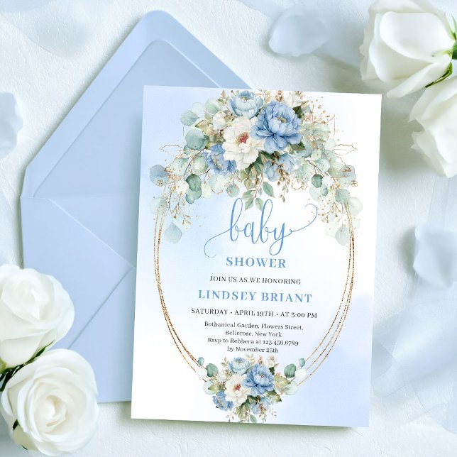Chic Boho Pastel Blue Flowers Baby Shower Invites Einladung (Chic Boho Pastel Blue Flowers Baby Shower Invitation)