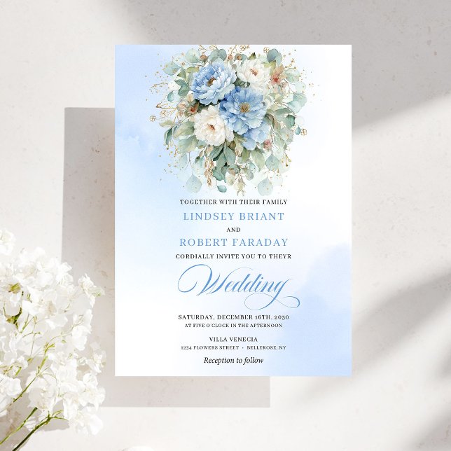 Chic Boho Pastel Blue Peony Floral Gold Wedding Einladung (Chic Boho Pastel Blue Peony Floral Gold Wedding Invitation)