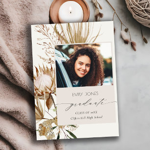 Chic Boho Protea Dry Palm Foto Abschluss Ankündigung
