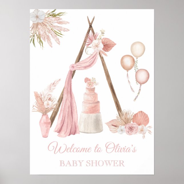 Chic Boho rose Baby shower Floral Accueil Poster (Devant)