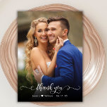 Chic Boho Script 2 Foto Wedding Danke Karte<br><div class="desc">Modernes Boho Chic Kalligrafie Script Hochzeit 2 Foto Danke Karte. Stilvolle Hochzeit danke Ihnen Vorlage mit einem vollen vertikalen Foto auf der Vorderseite mit dem Text "Danke" in einem skurrilen Wirblen Handschrift Schrift Swash Schwanz Schriftart-Skript in weißem Overlay auf dem Bild. Kleines niedliches Herzmotiv der Liebe zwischen Braut und Bräutigam....</div>