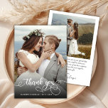Chic Boho Script Foto Wedding Danke Card<br><div class="desc">Modernes Boho Chic Kalligrafie Script Hochzeit Foto Danke Karte. Stilvolle Hochzeit danke Ihnen Vorlage mit einem vollen vertikalen Foto auf der Vorderseite mit dem Text "Danke" in einem skurrilen Wirblen Handschrift Schrift Swash Schwanz Schriftart-Skript in weißem Overlay auf dem Bild. 2-seitige Karte mit 2 Foto. Einfaches Personalisieren Ihres Namens und...</div>