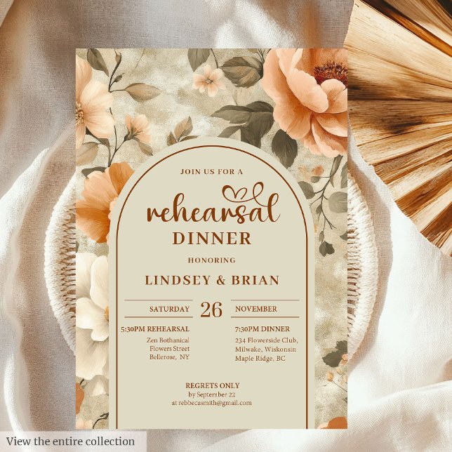 Chic Boho Terra Cotta Ivory Sage Floral Rehearsal Einladung (Chic Rusty Beige Olive Floral Rehearsal Invitation)