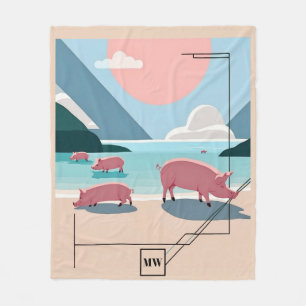 Chic boho Vektorschweine am Strand Monogramm Fleecedecke