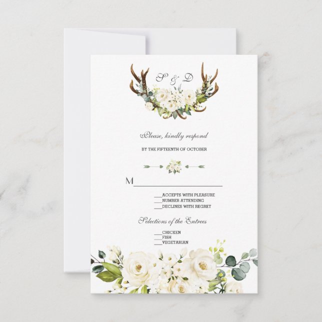 Chic Boho White Cream Blume Antlers Wedding RSVP Karte (Vorderseite)
