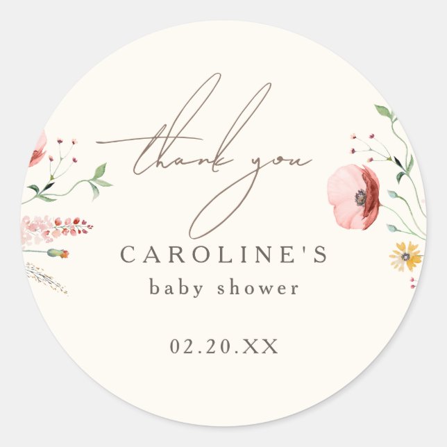 Chic Boho Wildblume Babydusche Danke Runder Aufkleber (Vorderseite)