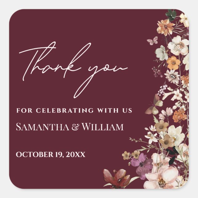 Chic Boho Wildblume Rustic Burgundy Wedding Quadratischer Aufkleber (Vorderseite)
