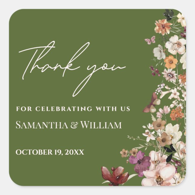 Chic Boho Wildblume Rustic Moss Green Wedding Quadratischer Aufkleber (Vorderseite)