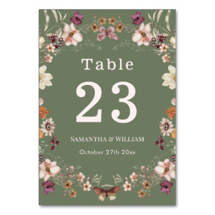 Chic Boho Wildblume Rustic Sage Green Wedding Tischnummer