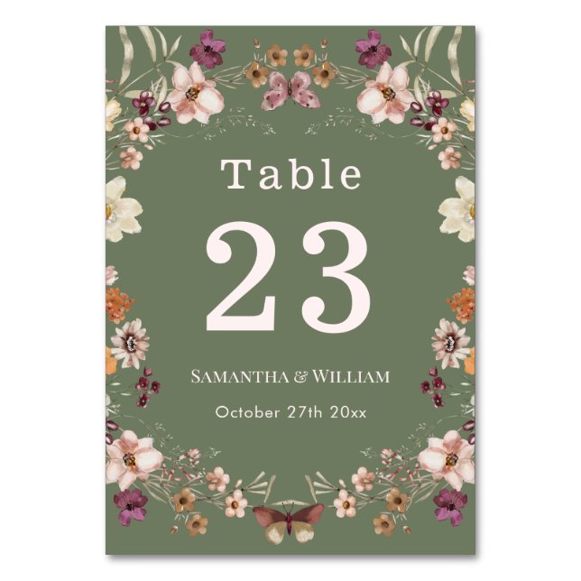 Chic Boho Wildblume Rustic Sage Green Wedding Tischnummer (Vorderseite)