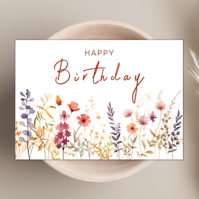 Chic Boho Wildblume Theme Happy Birthday Script Karte (Von Creator hochgeladen)