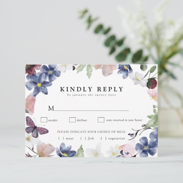 Chic Boho Wildblume Wedding RSVP Card Karte (Stehend Vorderseite)