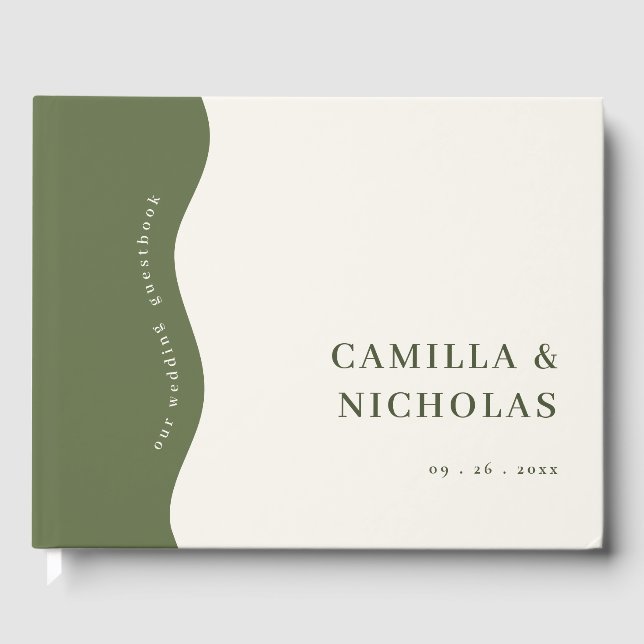 Chic Bold Wave Dark Olive Green Wedding Guest Book Gästebuch (Vorderseite)