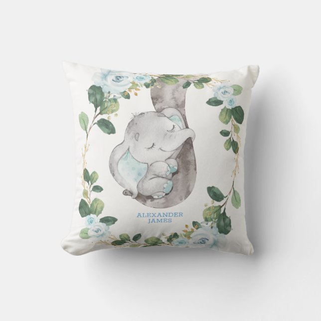 Chic Botanical Blue Floral Elephant Boy Kinderzimm Kissen (Vorderseite)