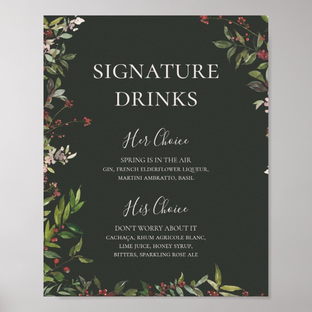 Chic Botanical Dark Green Signature Drinks Poster (Vorne)