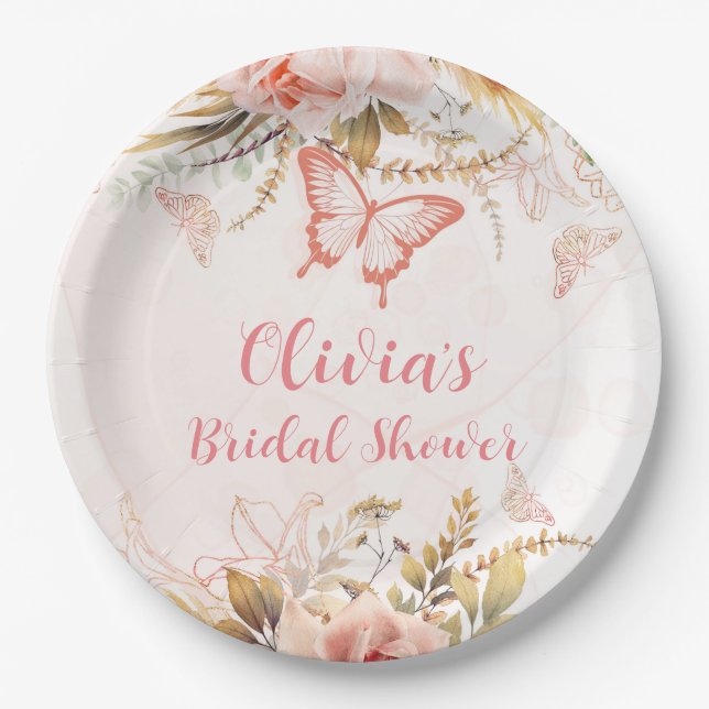 Chic Botanical Peony Butterfly Brautparty Pappteller (Vorderseite)