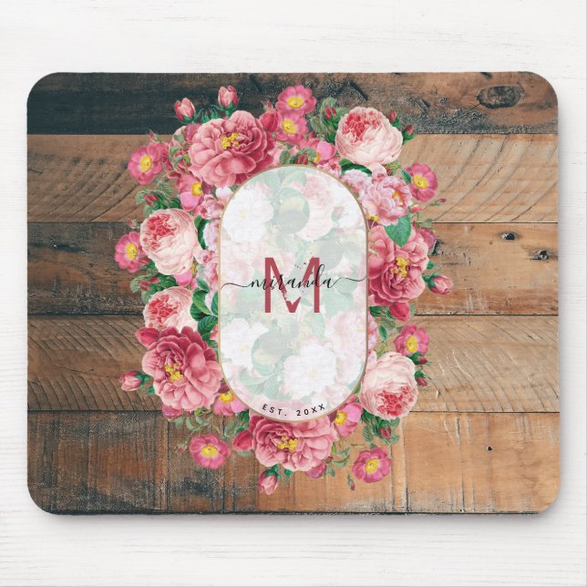 Chic Botanical Vintag Wreath Monogram Wood Mousepad (Vorne)