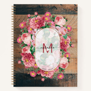 Chic Botanical Vintag Wreath Monogram Wood Notizbuch