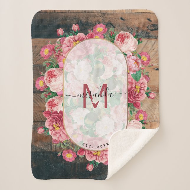 Chic Botanical Vintag Wreath Monogram Wood Sherpadecke (Vorderseite)