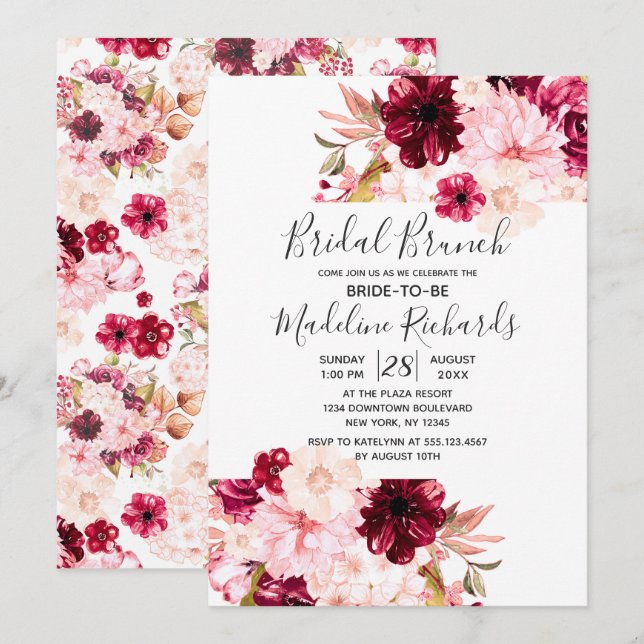 Chic Bourgogne Blush rose Bridal Brunch Invitation (Devant / Derrière)