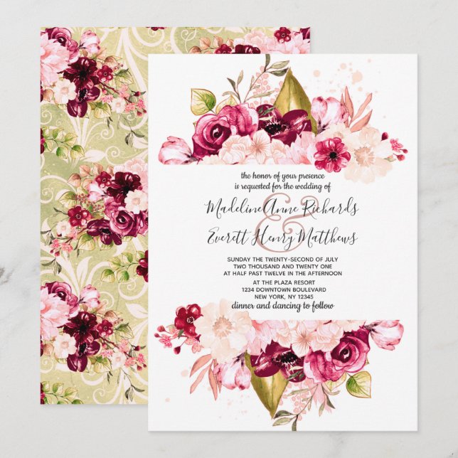 Chic Bourgogne & Fleurs Roses Invitations de maria (Devant / Derrière)
