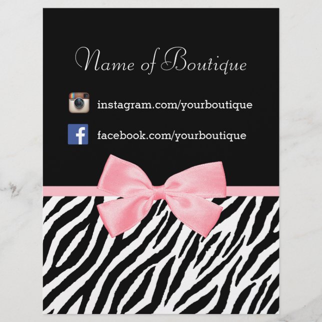 Chic Boutique Zebra Pink Bow Werbeaktion Marketing Flyer (Vorne)