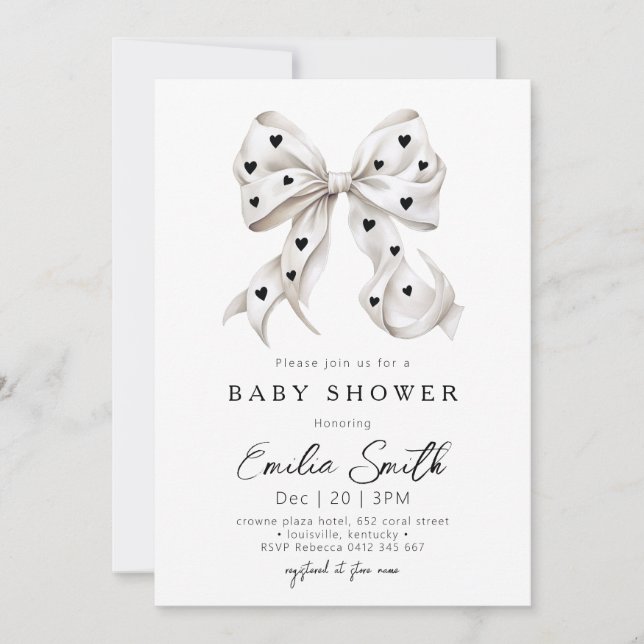 Chic Bow Coquette & Herz Baby Dusche Einladung (Vorderseite)