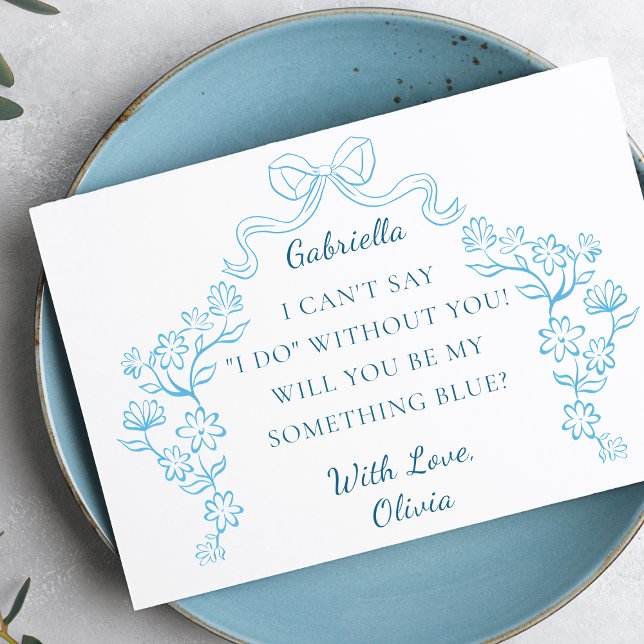 Chic Bow etwas Blue Crew Brautparty Vorschlag Karte (Propose to your bridesmaids with this beautifully designed floral bow 'Something Blue' card.)