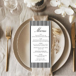 Chic Bow Minimalist Stripe Black White wedding Menükarte<br><div class="desc">Elevate your reception tablescape with this chic minimalist stripe green wedding menu, designed to bring elegance and modern sophistication to your special day. Featuring soft sage green stripes and refined minimalist typography, this menu card adds a timeless and stylish touch to your wedding décor. Perfect for garden weddings, botanical themes,...</div>