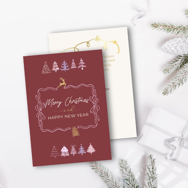 Chic Bow & Trees Doodle Deep Crimson Carte de vaca (Chic Bow & Tree Doodle Deep Crimson Holiday Card)