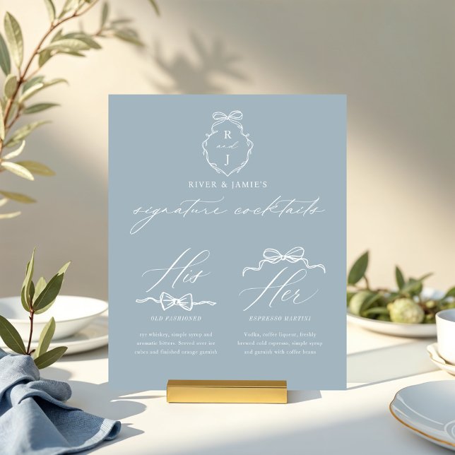 Chic Bows & Bowtie Sa Signature Boire Mariage (Chic Blue Bows & Bowtie His Her Signature Drink Wedding Acrylic Sign)