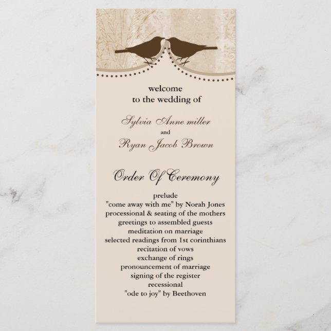 Chic brauner Vogelkäfig, Liebesvögel Hochzeitsprog Programm (Vorderseite)