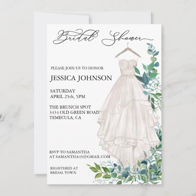 Chic Brautparty Wedding Dress Eukalyptus Blätter Einladung (Vorderseite)