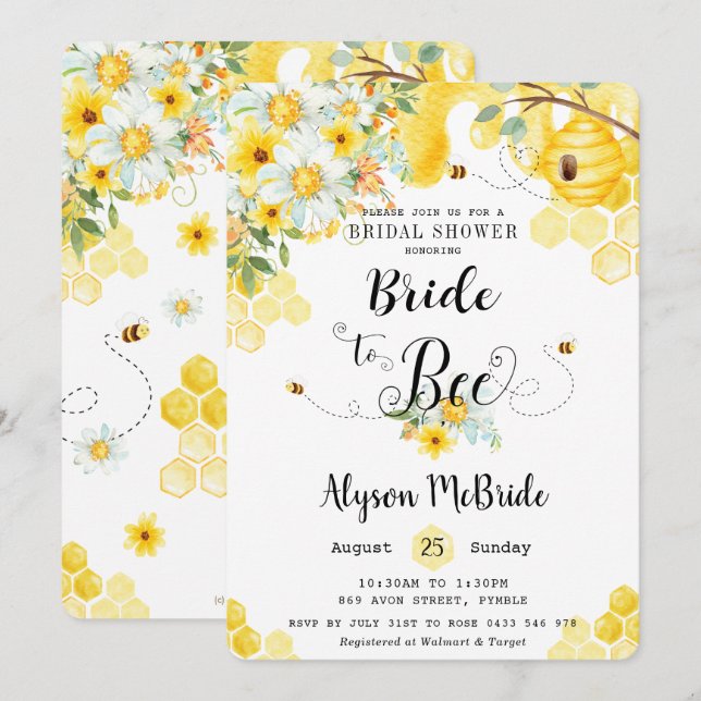 Chic Brian to Bee Yellow Floral Brautparty Einladung (Vorne/Hinten)