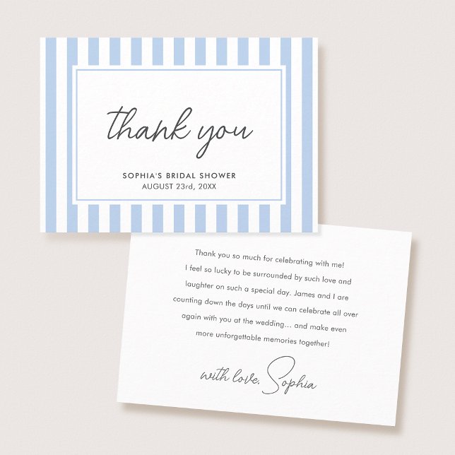 Chic Bridal Shower Modern Script Blue Stripes Dankeskarte (Von Creator hochgeladen)
