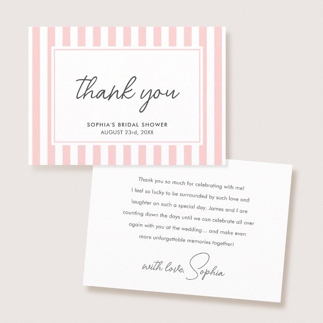 Chic Bridal Shower Modern Script Pink Stripes Dankeskarte (Von Creator hochgeladen)
