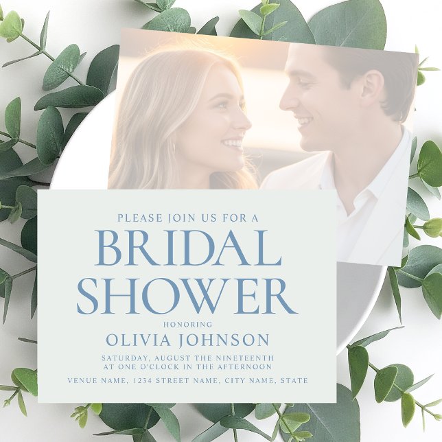 Chic Bridal Shower Photo Typography Pale Blue Einladung (Von Creator hochgeladen)