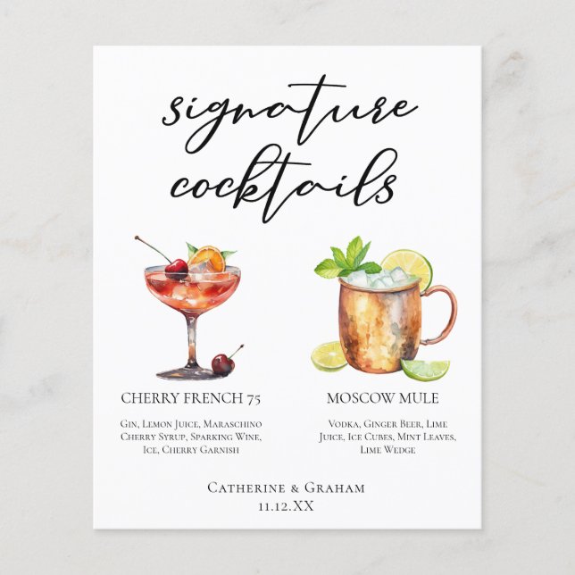 Chic Bride Groom Signature Cocktails Hochzeitsmenü (Vorderseite)