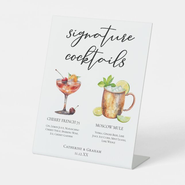 Chic Bride Groom Signature Cocktails Hochzeitsmenü Sockelschild (Vorderseite)