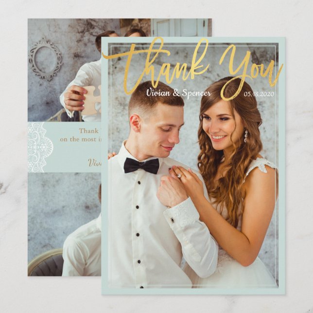 Chic Bright Mint Imitate Gold Script Foto Vielen D Dankeskarte (Vorne/Hinten)